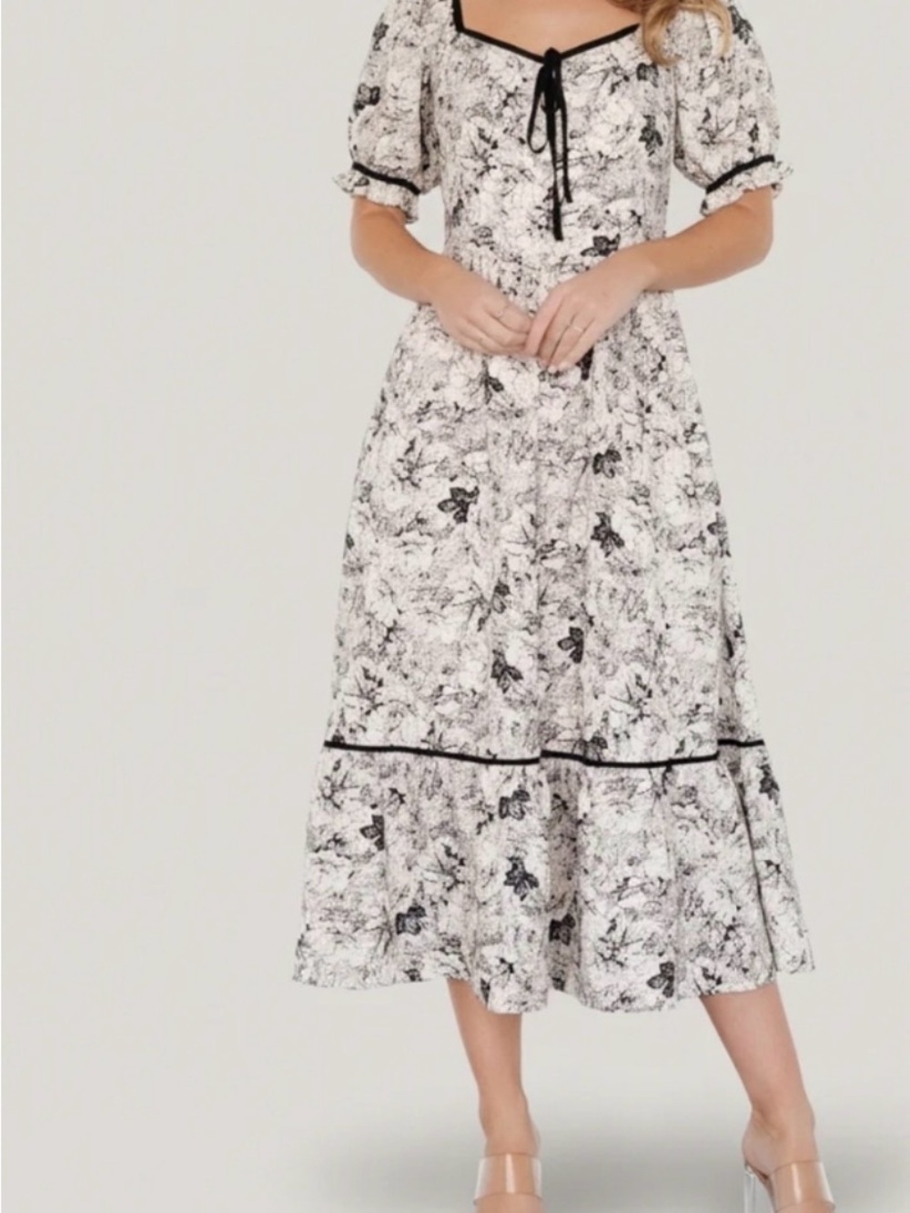 Baltic Born Black & White Floral Puff-Sleeve Midi Dress